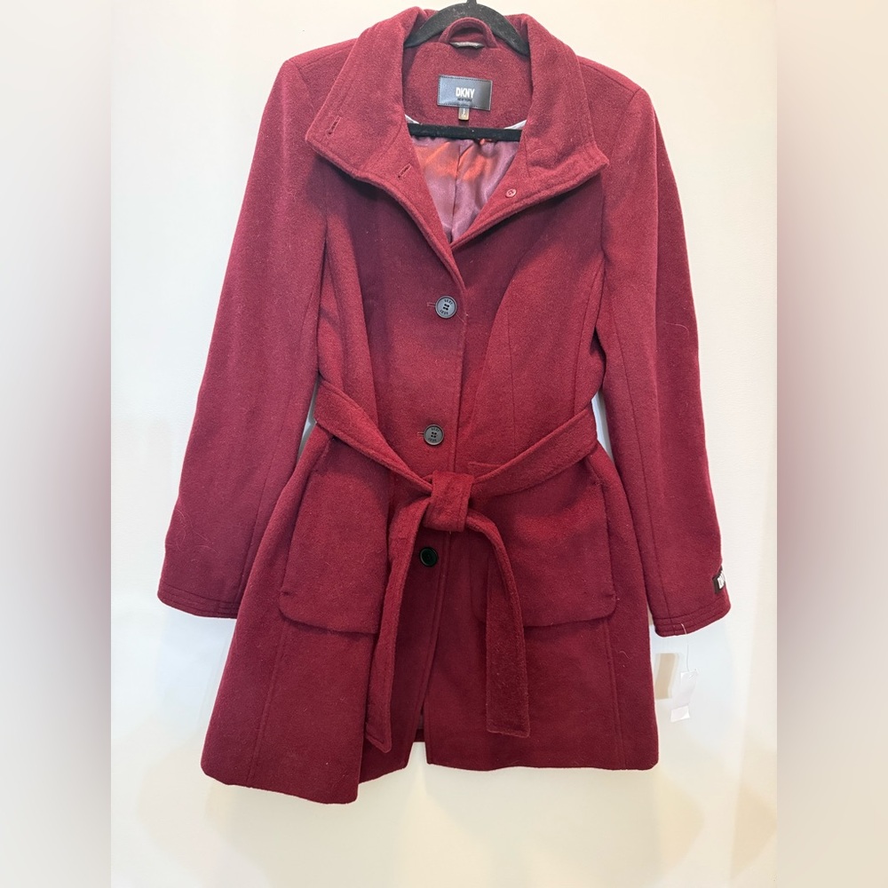 NWT DKNY Women's Burgundy/Maroon Belted Pea‎ Coat - Size S